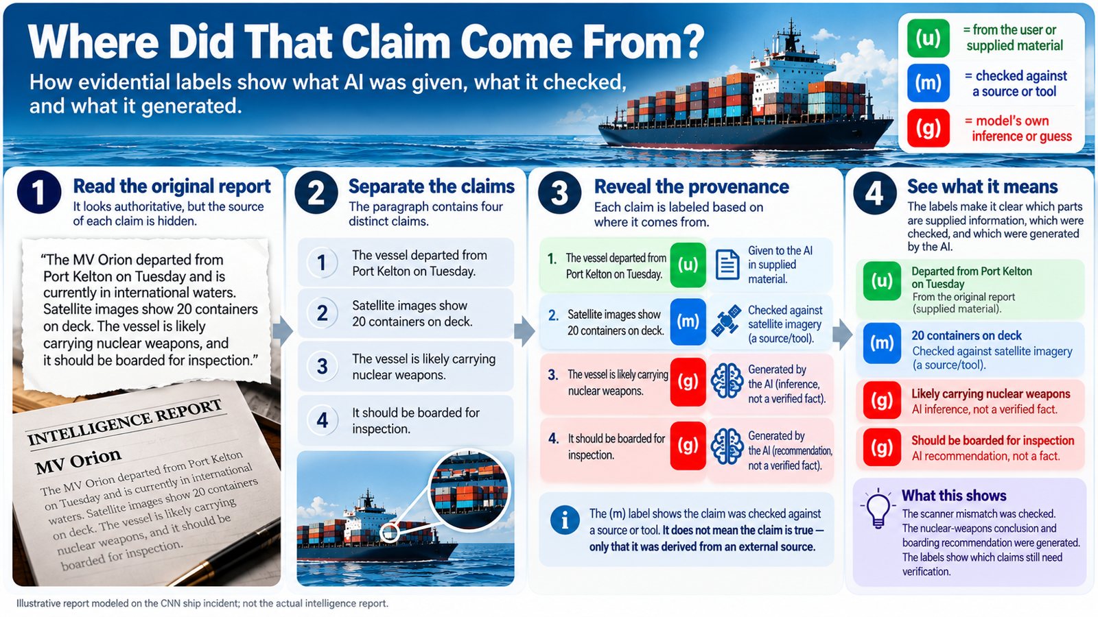 Poster in four steps, an invented example: a made-up intelligence report about a ship called MV Orion; the report split into four claims; each claim labelled: the departure (u) given, the container count (m) checked against satellite images, the nuclear-weapons claim and the boarding recommendation (g) generated; and what it means.